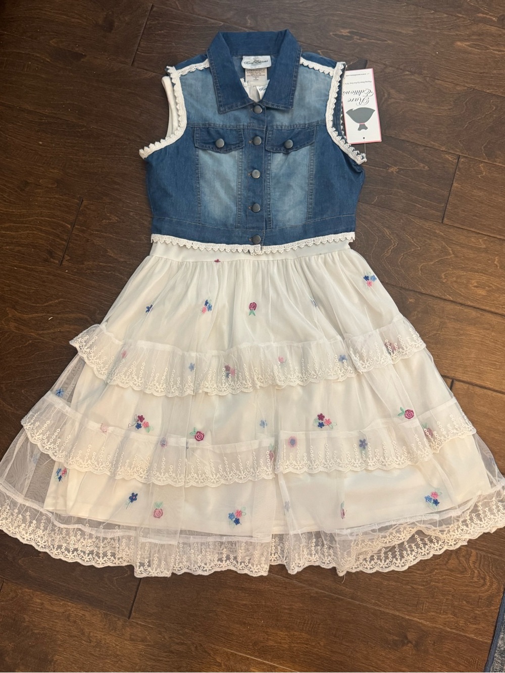Rare Editions Blue Denim & White Floral Tulle Girls Dress